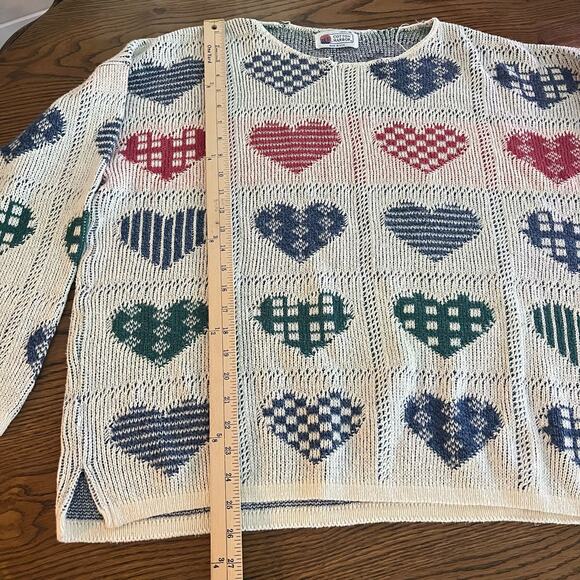 Vintage 90s Patterned Knit Hearts Cottage Sweater Made in USA-XL - Picture 4 of 5